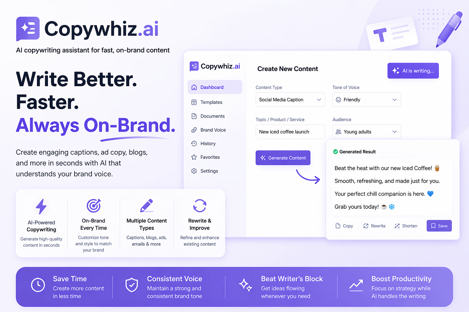 Copywhiz.ai AI-powered copywriting interface showing a laptop screen with content creation dashboard, social media caption generation, and brand voice customization for marketers.