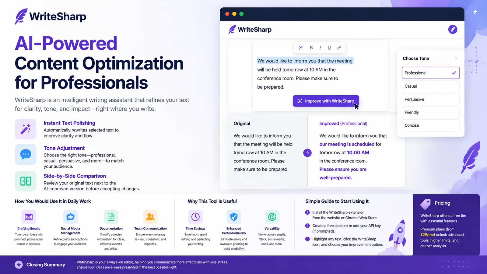 WriteSharp blog showing a modern, AI-powered writing assistant interface with instant text polishing, tone adjustment, and side-by-side text comparison, highlighting productivity for emails, social media, and team communication in a sleek purple and white design.