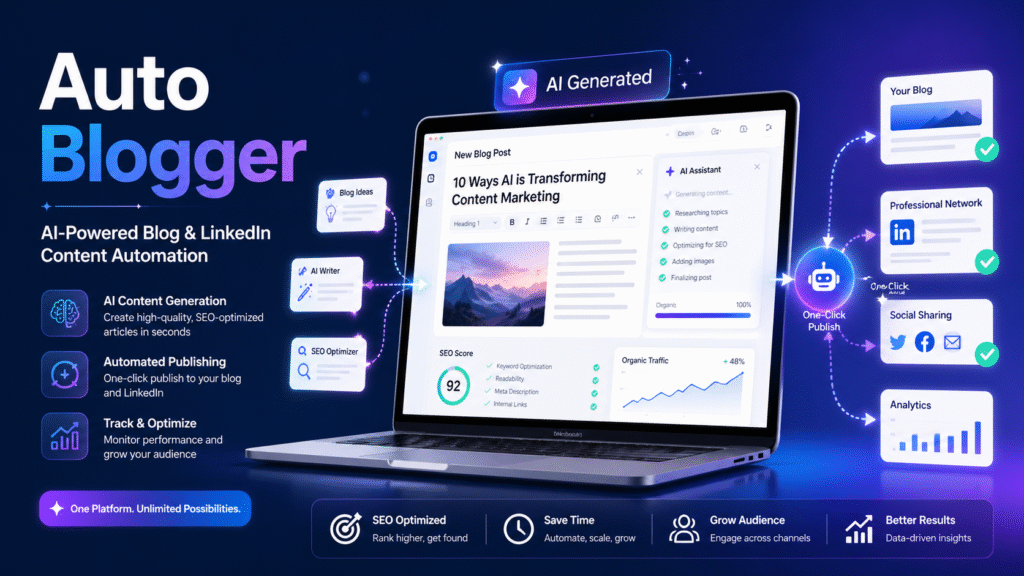 Auto Blogger featured image showing an AI-powered dashboard for blog creation, SEO optimization, and one-click publishing to blogs, LinkedIn, and social channels.
