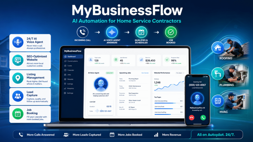 MyBusinessFlow featured image showing AI automation for home service contractors, with a dashboard, AI voice agent, job booking workflow, and roofing, plumbing, and HVAC services.
