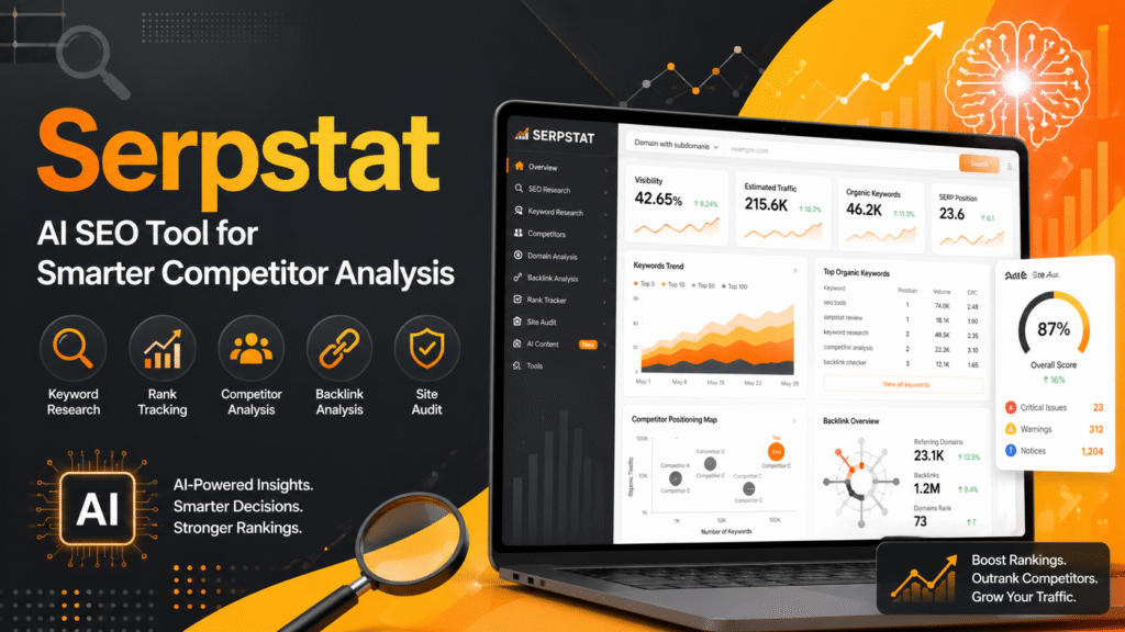 Featured image for Serpstat AI SEO tool blog showing a laptop dashboard with keyword research, competitor analysis, rank tracking, backlink overview, and site audit visuals, highlighting AI-powered SEO optimization.
