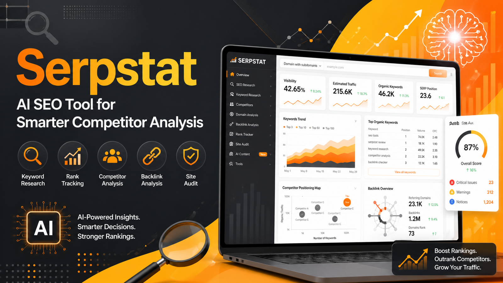 Featured image for Serpstat AI SEO tool blog showing a laptop dashboard with keyword research, competitor analysis, rank tracking, backlink overview, and site audit visuals, highlighting AI-powered SEO optimization.