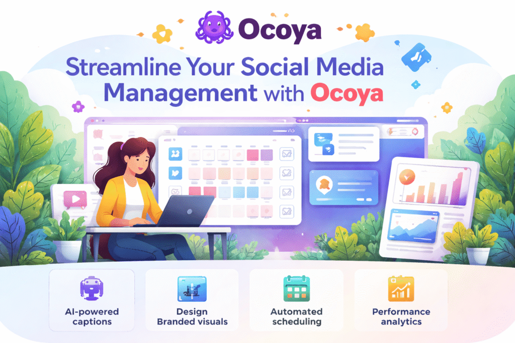 Illustration of a social media manager using a laptop with multiple screens showing content scheduling, analytics, and AI-generated posts, highlighting Ocoya’s AI-powered social media management features.