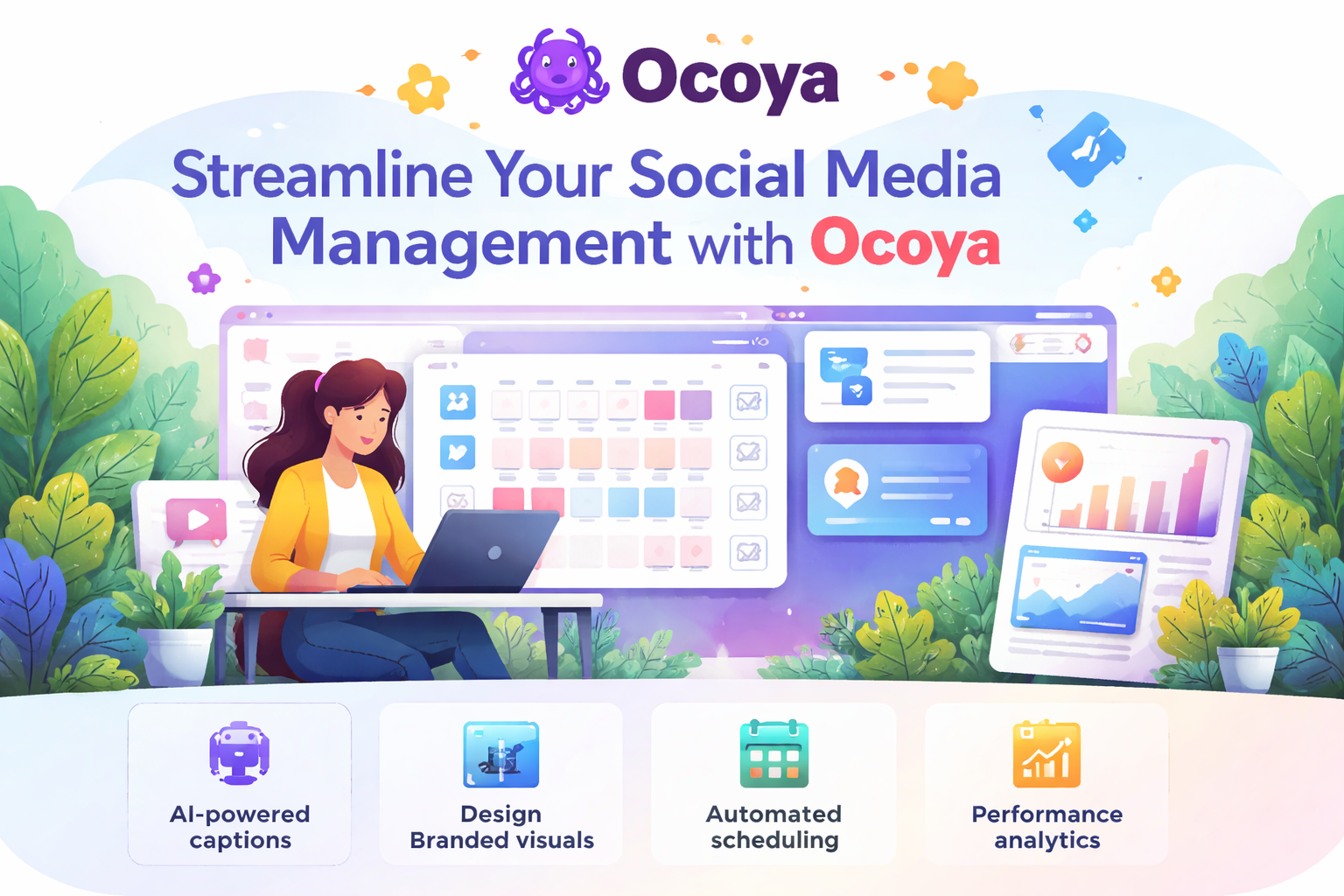 Illustration of a social media manager using a laptop with multiple screens showing content scheduling, analytics, and AI-generated posts, highlighting Ocoya’s AI-powered social media management features.