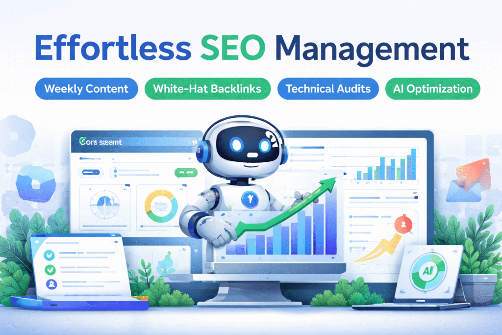 Ranked AI featured image showing AI-powered SEO management with a robot holding an upward graph, dashboards for content creation, backlinks, and AI optimization in a modern, landscape design.