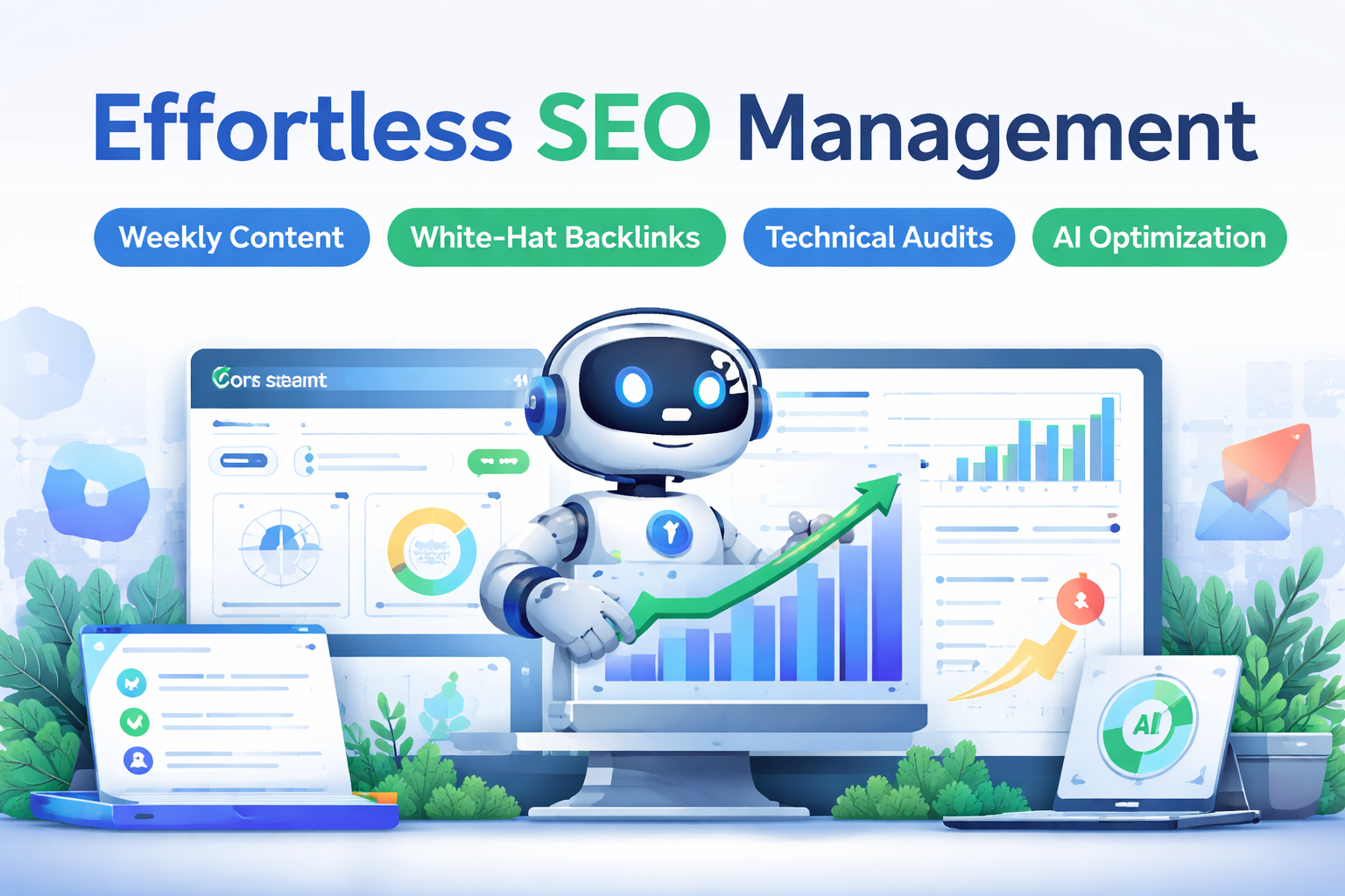 Ranked AI featured image showing AI-powered SEO management with a robot holding an upward graph, dashboards for content creation, backlinks, and AI optimization in a modern, landscape design.