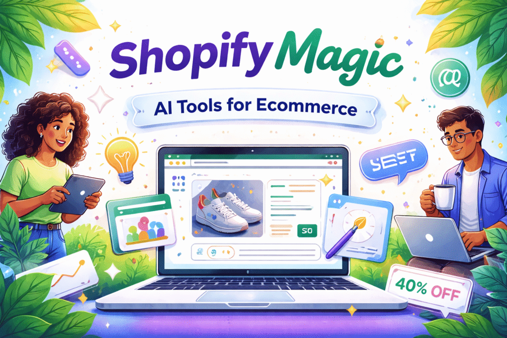 Shopify Magic AI tools for ecommerce featuring a laptop with product display, AI-generated text and media editing icons, two people using devices, colorful digital interface, and sparkling magical effects in a landscape layout.
