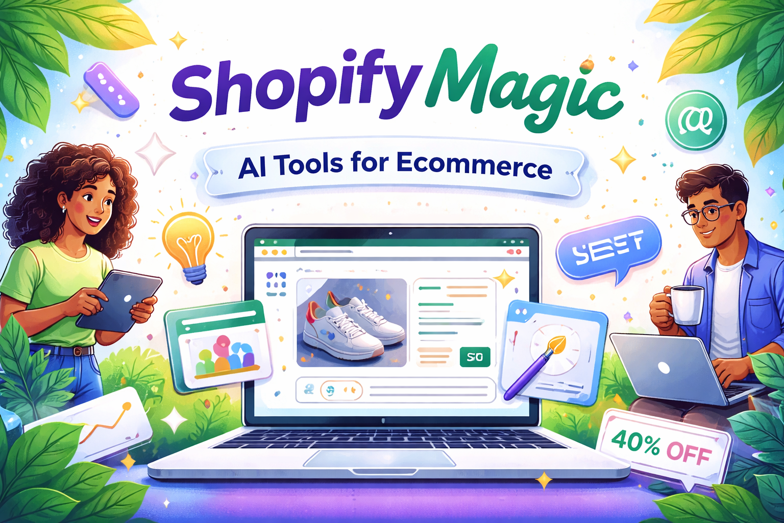 Shopify Magic AI tools for ecommerce featuring a laptop with product display, AI-generated text and media editing icons, two people using devices, colorful digital interface, and sparkling magical effects in a landscape layout.