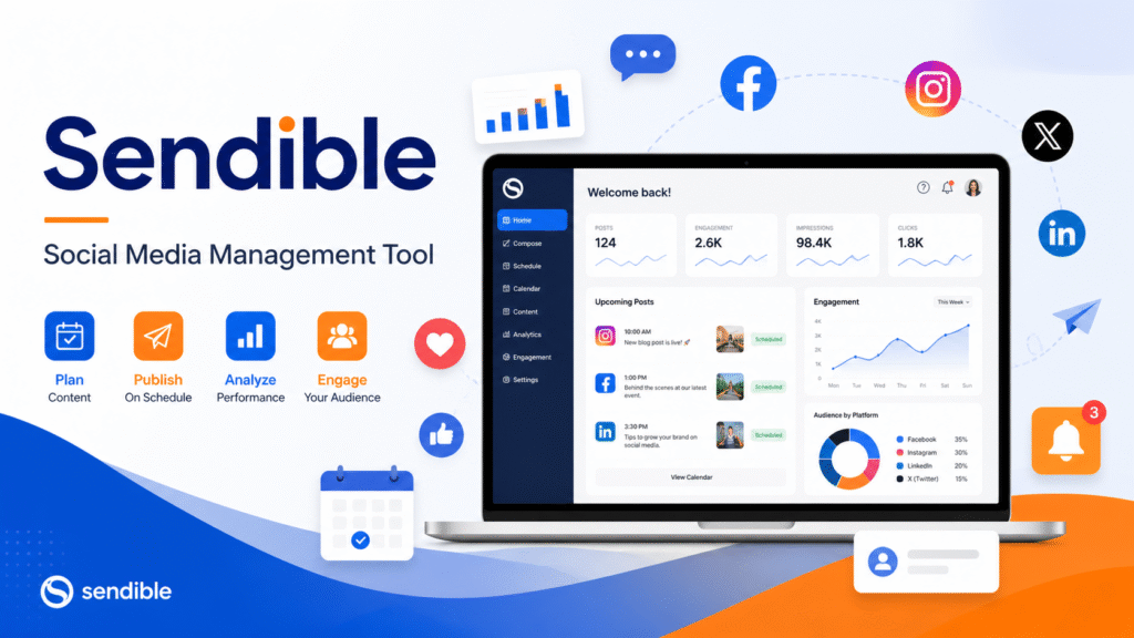 Sendible social media management tool dashboard showing scheduled posts, engagement analytics, and multi-platform icons for Facebook, Instagram, X (Twitter), and LinkedIn with a clean modern marketing interface.