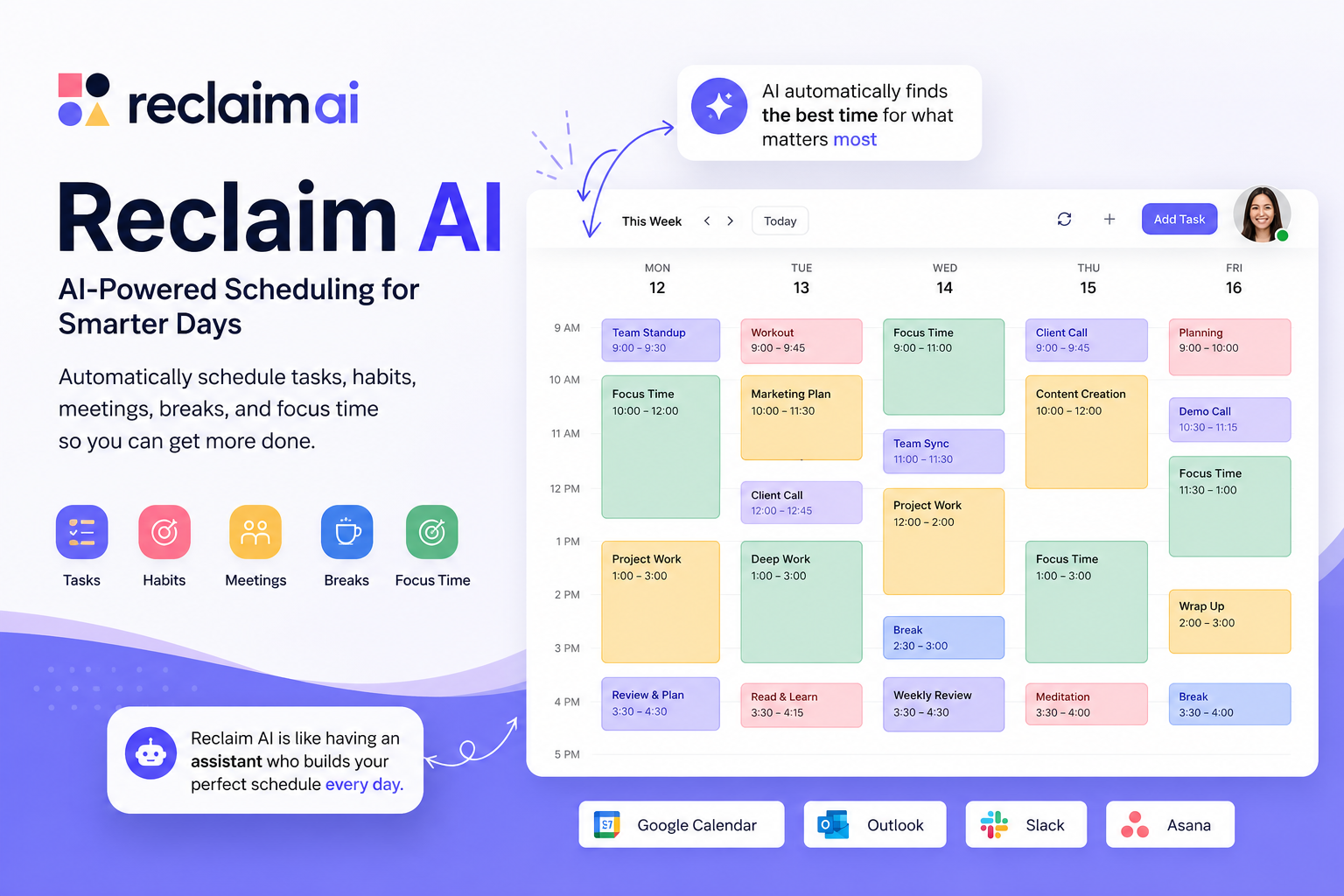 Reclaim AI calendar dashboard for automated task scheduling, meetings, habits, breaks, and focus time management
