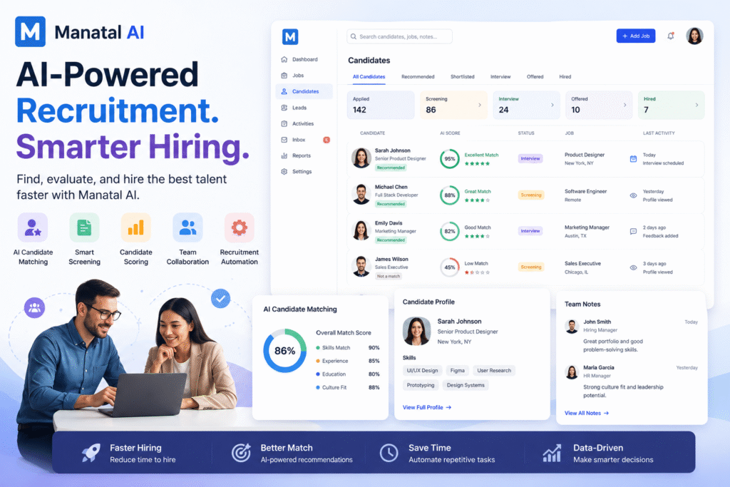 Manatal AI dashboard for AI-powered recruitment, candidate matching, applicant tracking, smart screening, and hiring workflow automation