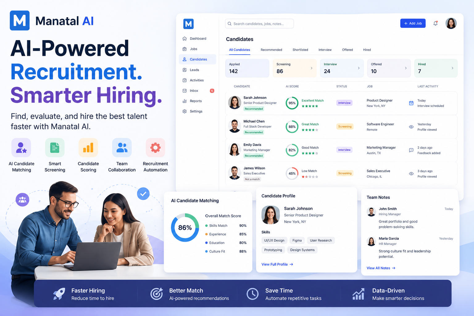 Manatal AI dashboard for AI-powered recruitment, candidate matching, applicant tracking, smart screening, and hiring workflow automation
