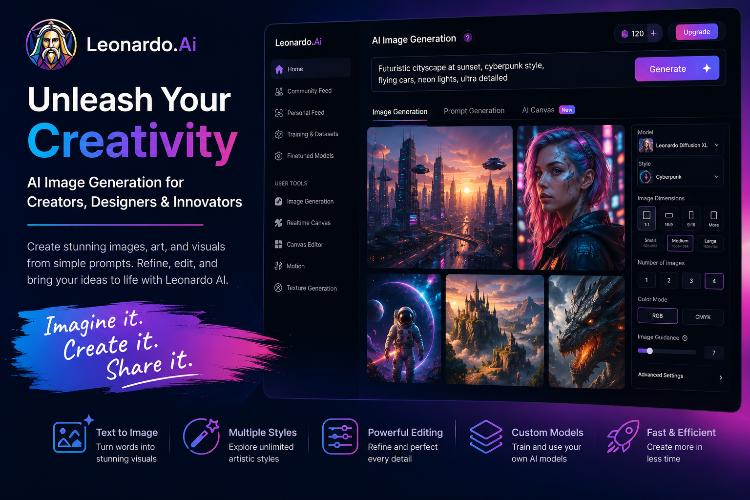 Leonardo AI dashboard for AI image generation, text to image creation, artwork design, image editing, and creative visual workflows