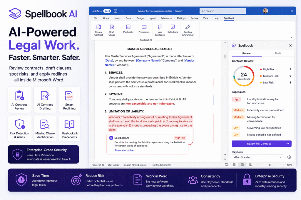 Spellbook AI dashboard for AI contract review, legal drafting, smart redlining, risk detection, and legal document automation
