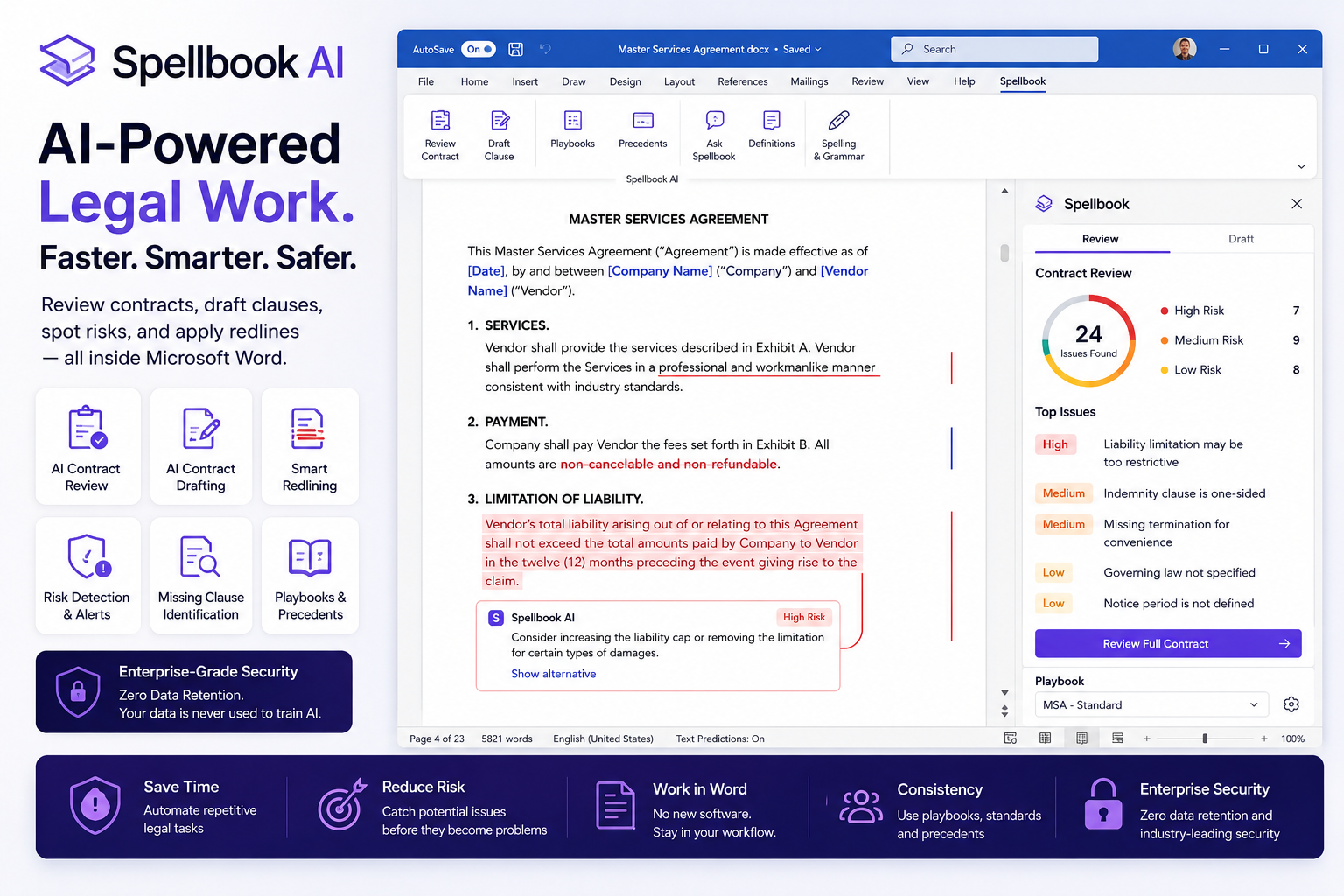 Spellbook AI dashboard for AI contract review, legal drafting, smart redlining, risk detection, and legal document automation