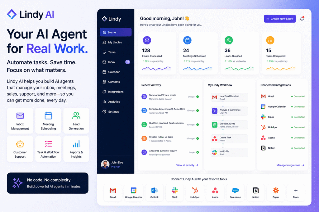 Lindy AI dashboard for AI agents, inbox management, meeting scheduling, workflow automation, lead generation, and business productivity