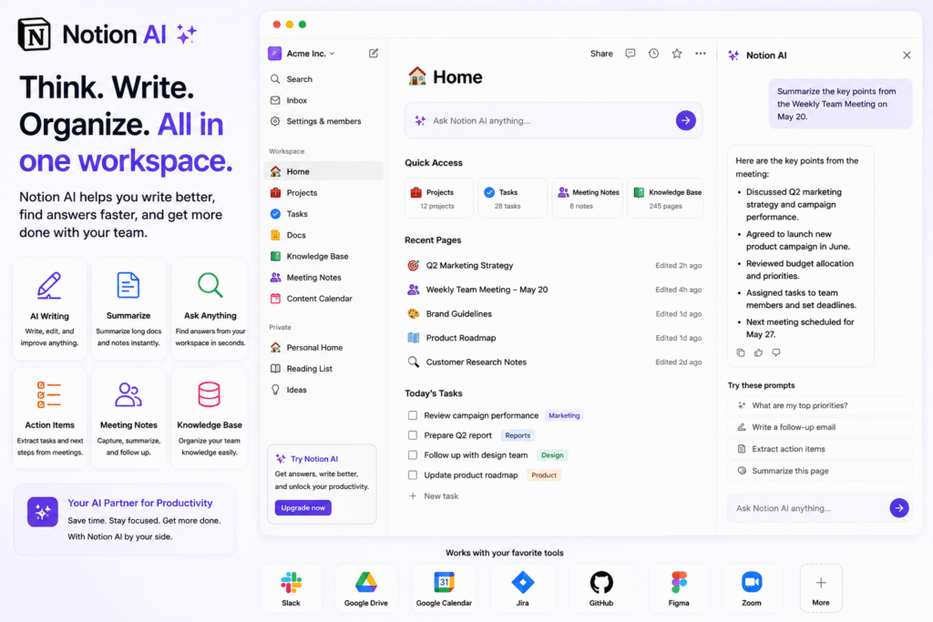 Notion AI dashboard for AI writing, note taking, workspace search, meeting notes, task management, and team productivity
