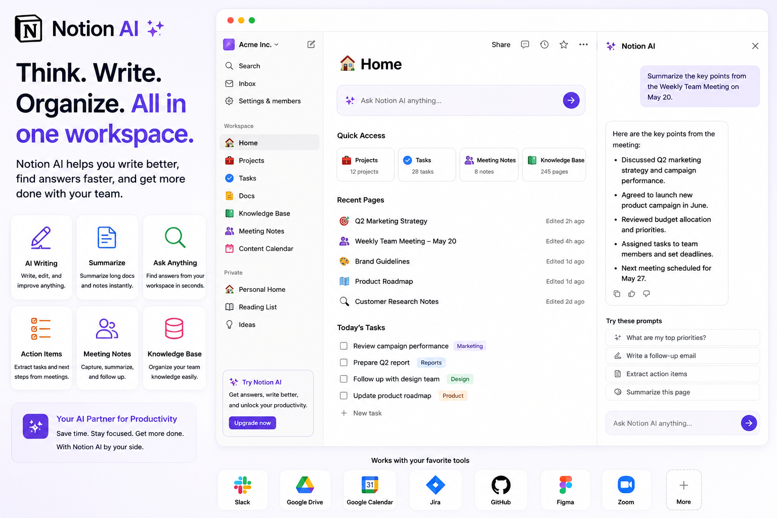 Notion AI dashboard for AI writing, note taking, workspace search, meeting notes, task management, and team productivity