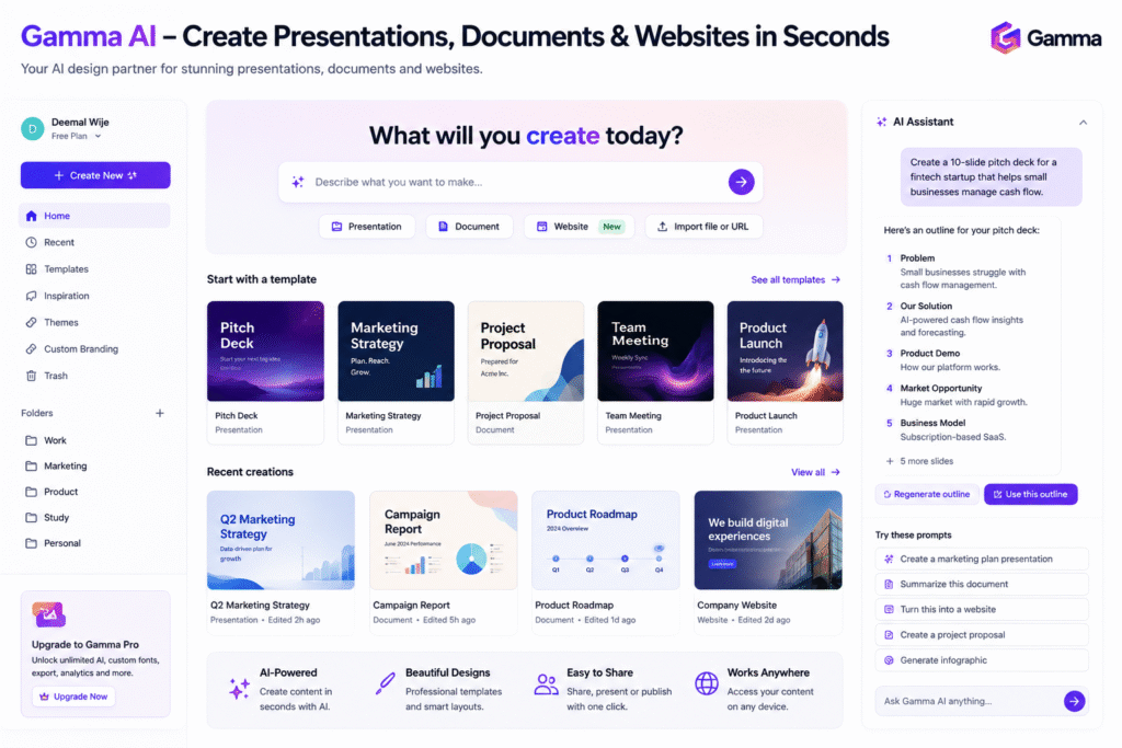 Gamma AI dashboard for AI presentation creation, slide deck generation, document design, website building, and visual content productivity
