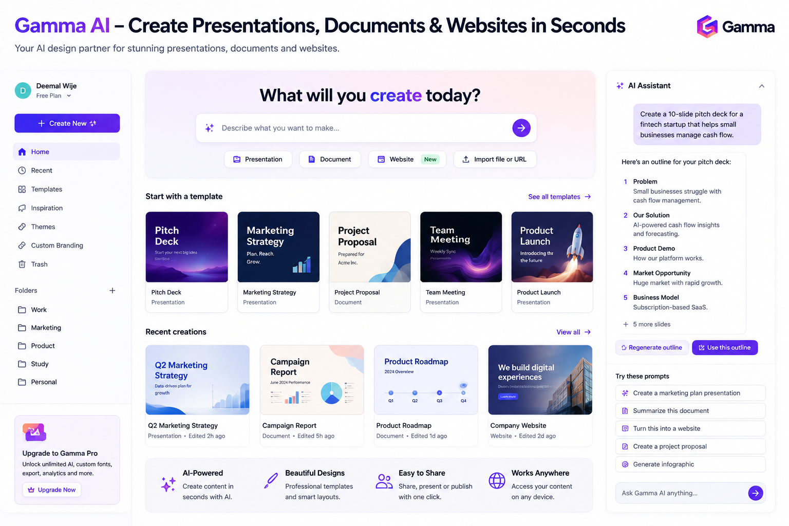 Gamma AI dashboard for AI presentation creation, slide deck generation, document design, website building, and visual content productivity