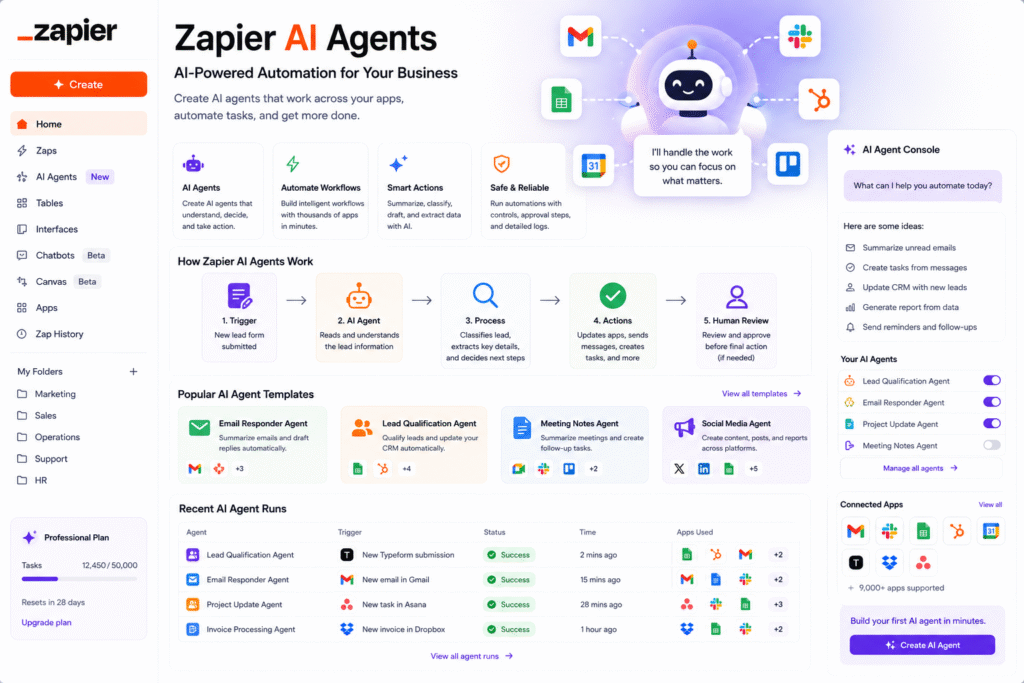 Zapier AI Agents dashboard for AI workflow automation, app integrations, lead processing, task automation, and business productivity