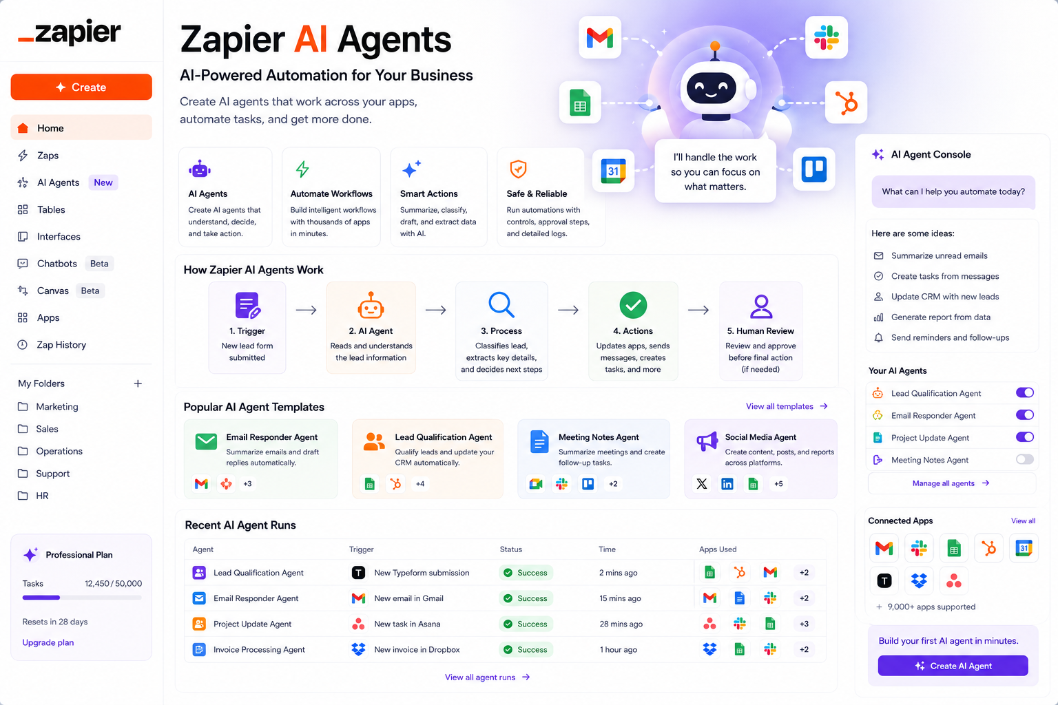 Zapier AI Agents dashboard for AI workflow automation, app integrations, lead processing, task automation, and business productivity