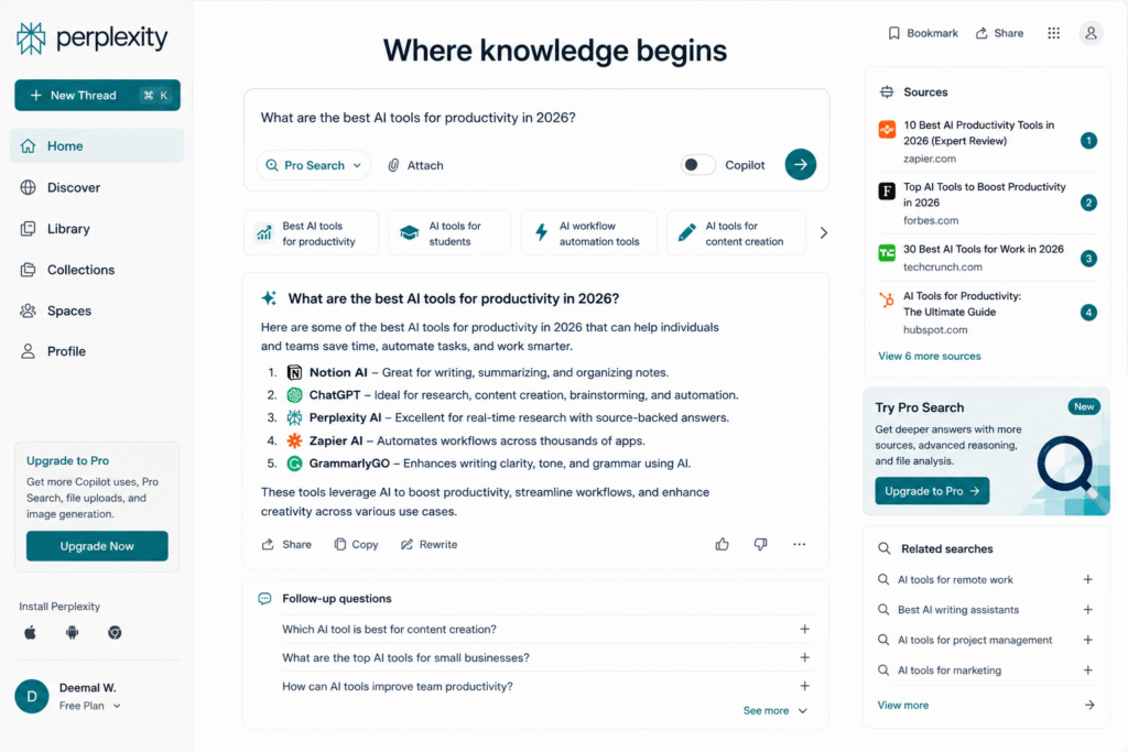 Perplexity AI dashboard for AI research, real-time search, cited answers, source verification, follow-up questions, and online productivity research