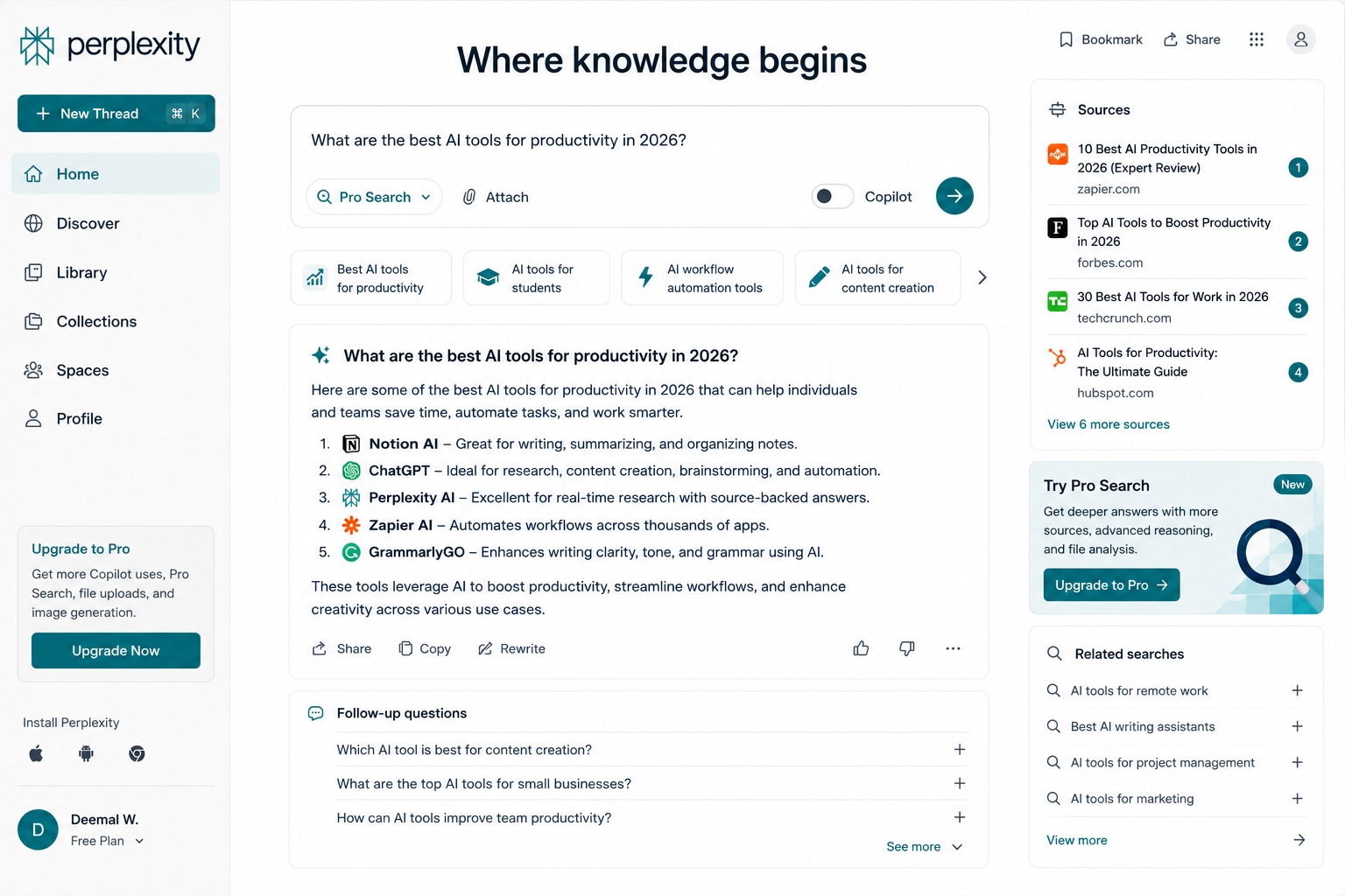 Perplexity AI dashboard for AI research, real-time search, cited answers, source verification, follow-up questions, and online productivity research