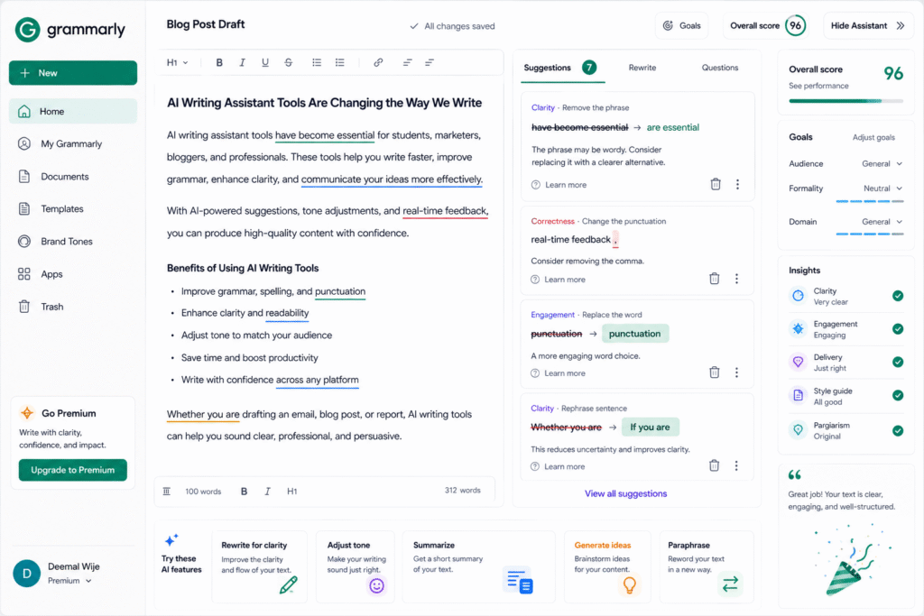 Grammarly AI dashboard for AI writing assistance, grammar checking, rewriting suggestions, tone improvement, clarity scoring, and content editing