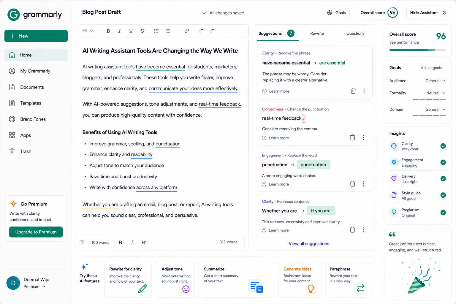 Grammarly AI dashboard for AI writing assistance, grammar checking, rewriting suggestions, tone improvement, clarity scoring, and content editing