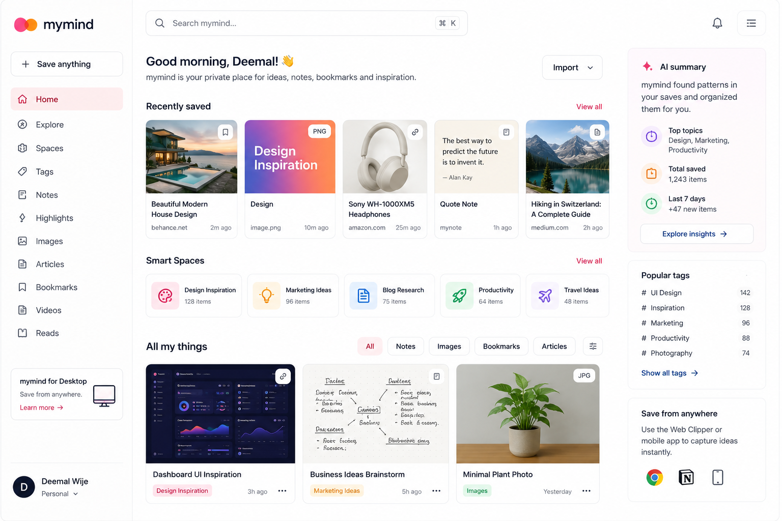 mymind AI dashboard for private knowledge management, AI bookmarking, visual research, smart notes, saved articles, and personal idea organization