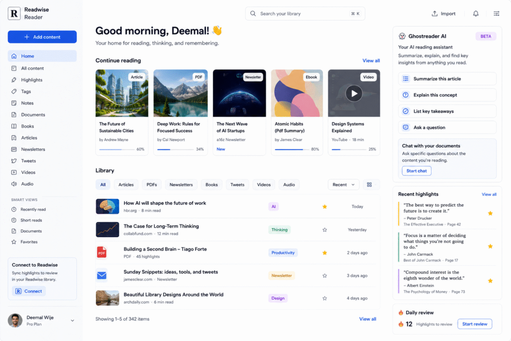 Readwise Reader AI dashboard for AI reading assistant, Ghostreader AI summaries, document chat, article highlights, PDF notes, and research organization