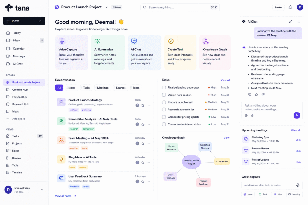 Tana AI dashboard for AI knowledge management, voice capture, meeting summaries, task creation, AI chat, knowledge graph, and productivity workflow