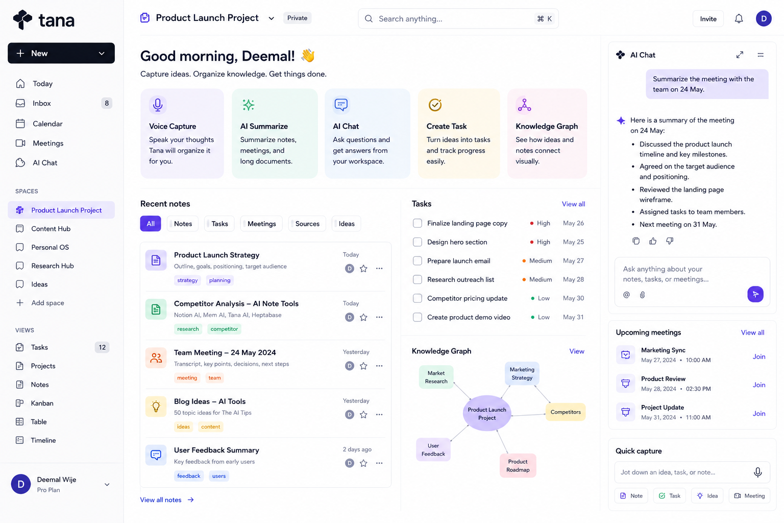 Tana AI dashboard for AI knowledge management, voice capture, meeting summaries, task creation, AI chat, knowledge graph, and productivity workflow