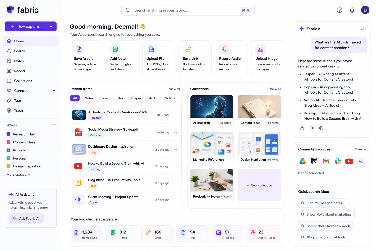 Fabric AI dashboard for AI personal search engine, notes, bookmarks, PDFs, images, connected apps, research collections, and knowledge organization