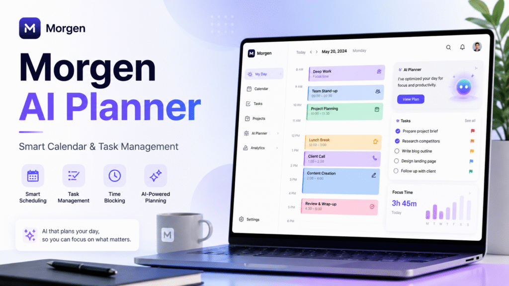 Morgen AI Planner dashboard for managing calendars, tasks, and daily schedules