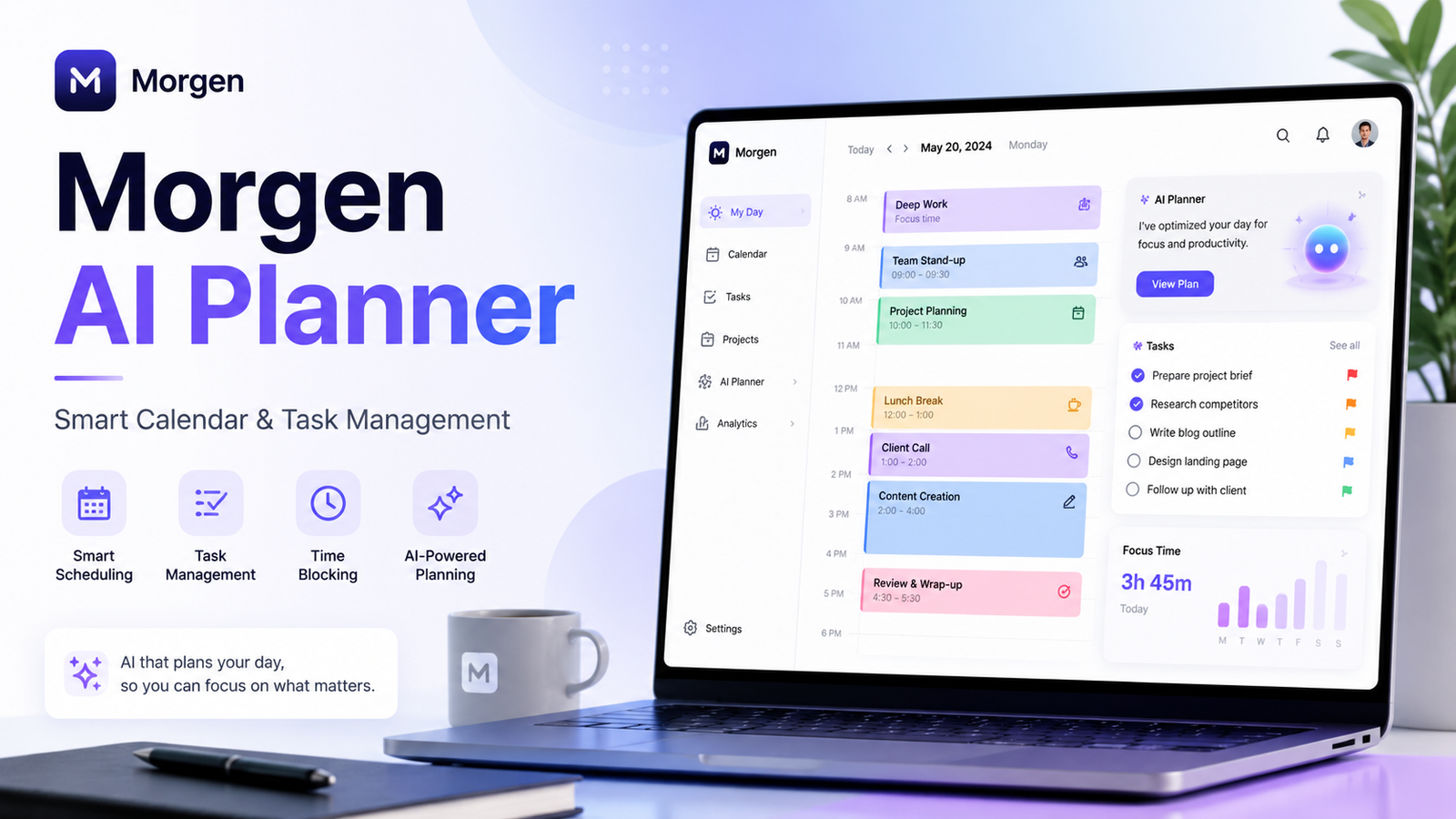 Morgen AI Planner dashboard for managing calendars, tasks, and daily schedules