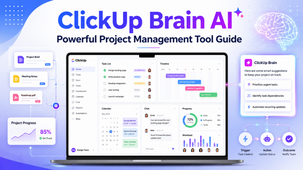 ClickUp Brain AI project management dashboard showing AI-powered task management, workflow automation, project planning, and team productivity features.