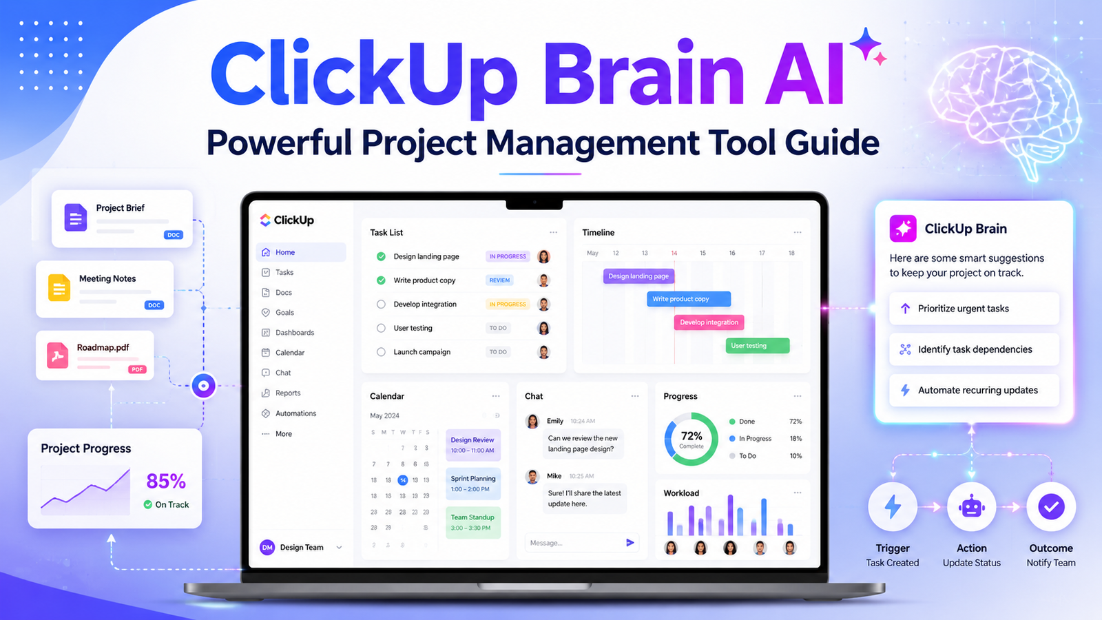 ClickUp Brain AI project management dashboard showing AI-powered task management, workflow automation, project planning, and team productivity features.
