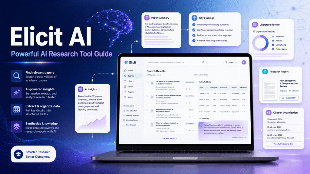 Elicit AI dashboard for academic research, paper summaries, literature review, and AI-powered research insights