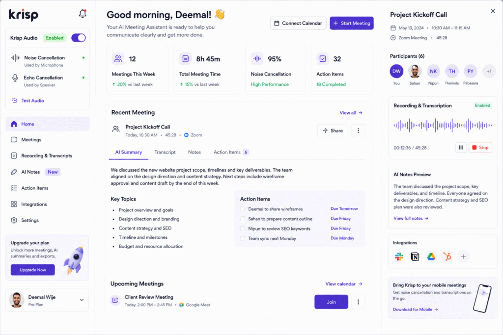 Krisp AI dashboard for AI meeting assistant, noise cancellation, meeting transcription, AI summaries, action items, recording controls, and online meeting productivity