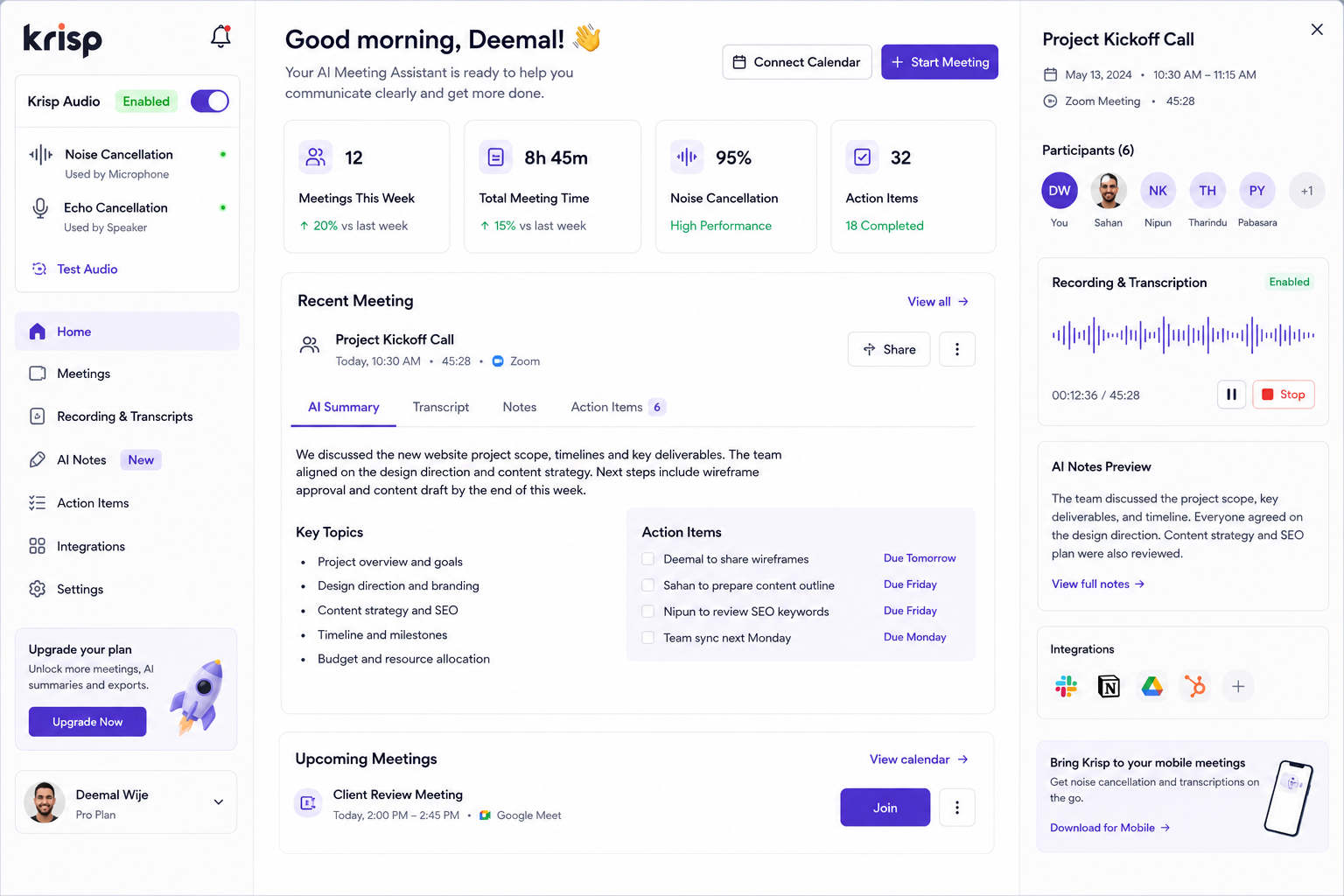 Krisp AI dashboard for AI meeting assistant, noise cancellation, meeting transcription, AI summaries, action items, recording controls, and online meeting productivity