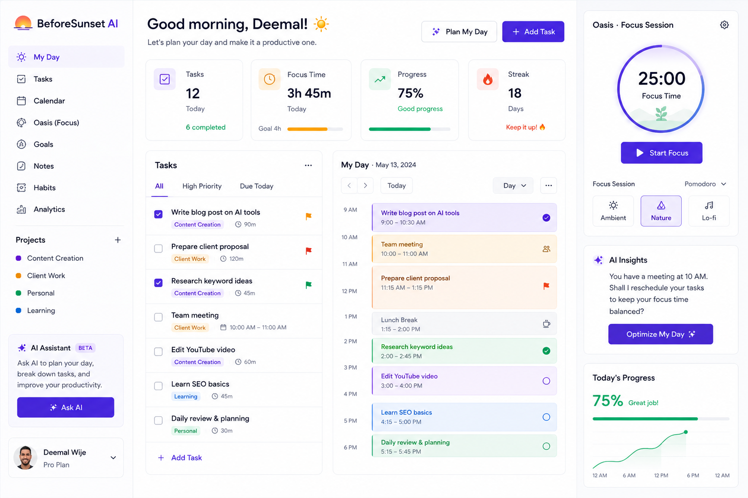 BeforeSunset AI dashboard for AI daily planner, task scheduling, smart calendar planning, focus sessions, Pomodoro timer, AI insights, and productivity progress tracking