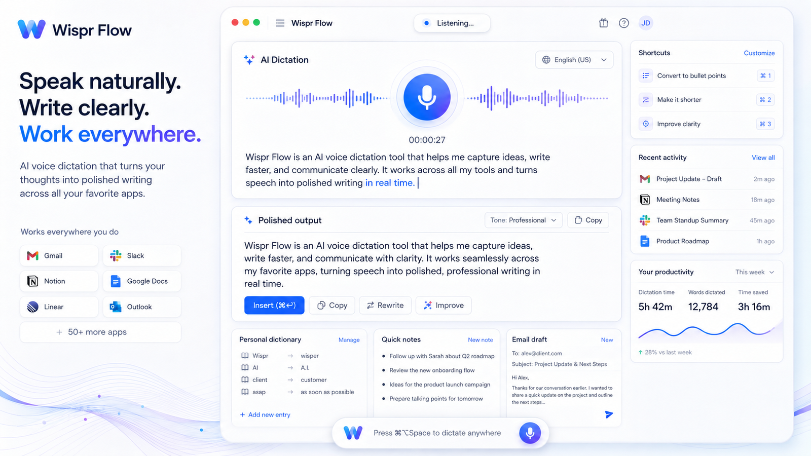Wispr Flow dashboard for AI voice dictation, voice to text AI, speech to text writing, polished output, personal dictionary, app integrations, and productivity tracking