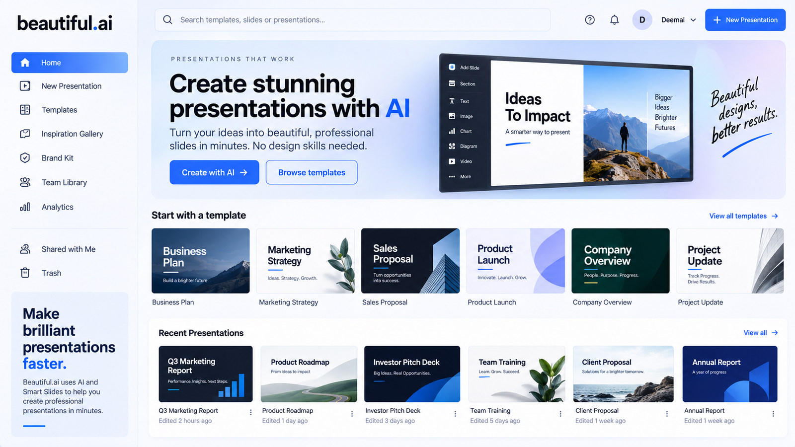 Beautiful.ai dashboard for AI presentation maker, smart slide templates, AI slide design, pitch deck creation, business presentations, template gallery, and professional presentation workflow