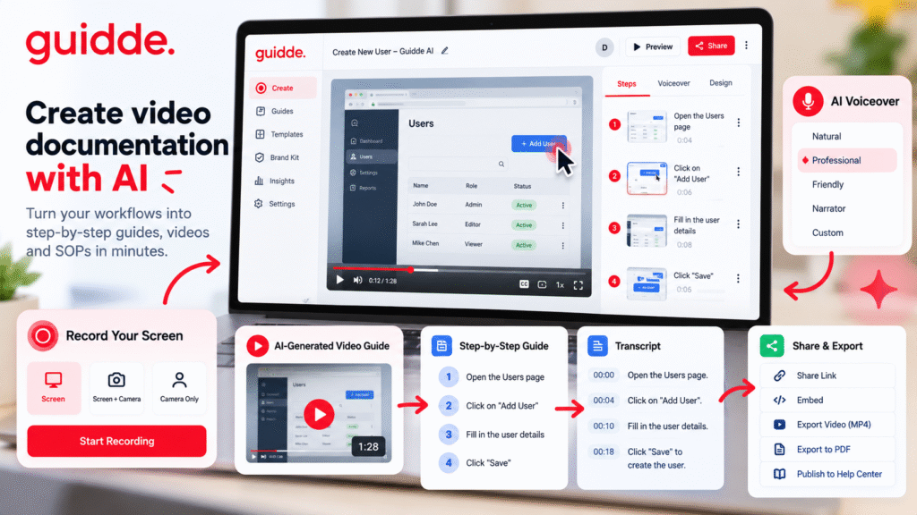Guidde AI dashboard for AI video documentation tool, screen recording, step-by-step guide creation, AI voiceover, transcript generation, SOP documentation, and shareable workflow guides